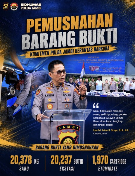 Komitmen Berantas Narkoba, Polda Jambi Musnahkan 20 Kilogram Sabu, 20 Ribu Butir Ekstasi dan Ribuan Cartride Etomidate